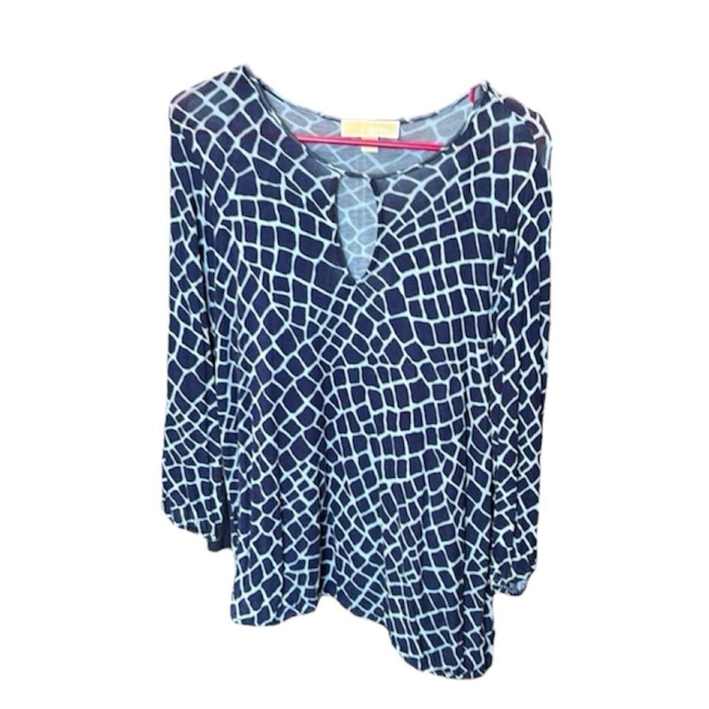 Michael Michael Kors Keyhole Giraffe Print Navy Blue Long Sleeve Blouse Size L